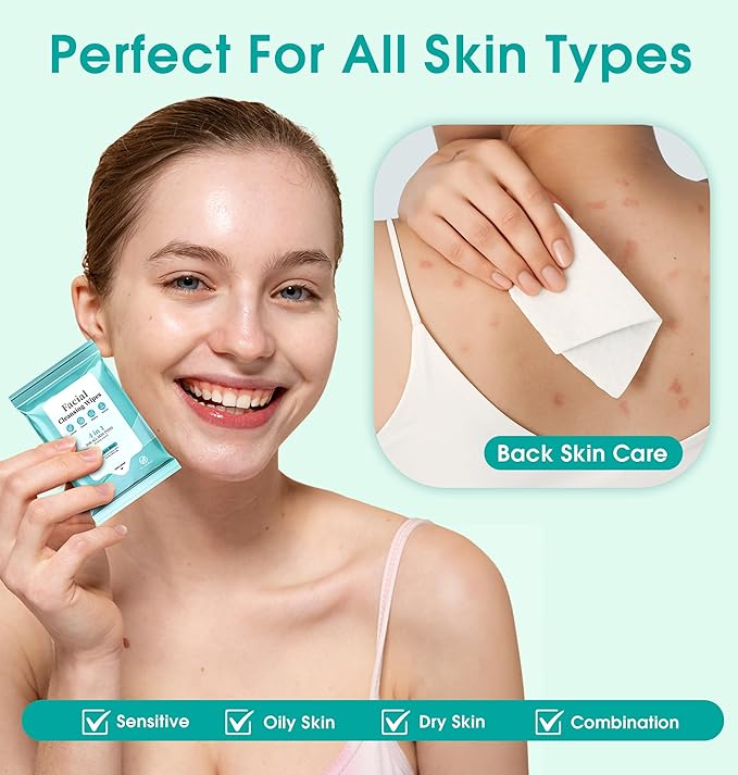 Facial Cleansing Wipes, Tea Tree Oil Extract for Face Cleansing, Salicylic Acid for Acne Treatment, Hydrating Pore Care for Sensitive Skin, Exfoliating & Soothing Double-Sided Cleansing Wipes (56PCS)