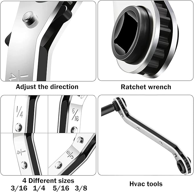 Hvac Service Wrench Tools:3/16” to 3/8” 5/16'' x 1/4''Air Conditioner Valve Ratchet Wrench with 2 Hexagon Bit Adapter Kit for Air Refrigeration Tools and Equipment Repair Tools Clearance