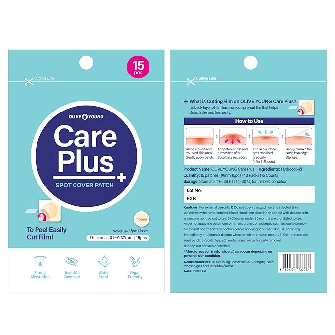 OLIVE YOUNG Care Plus Spot Patch | Hydrocolloid Acne Korean Spot Patch to Cover Zits, Pimples and Blemishes, for Troubled Skin and Face (Hydrocolloid, 45 Count (Pack of 3))