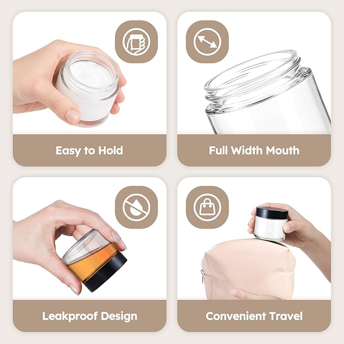2 oz Glass Jars with Lids, 6 Pack Clear Small Glass Jars with Black Lids Leakproof Round Airtight Empty Cosmetic Travel Containers with Inner Liners For Lotions Powders and Candle Making