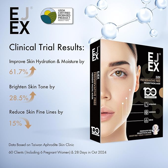 EJEX Face and Neck Sheet Mask,Hydrating Face Masks Skincare, Bio-Based Collagen Mask for Sensitive Skin,Chemical Free,Redness Reducing&Soothing&Repairing Facial Mask for Skin Care,38gx5ea