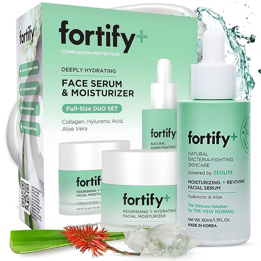 Fortify Anti-Aging Duo Set - Facial Moisturizer & Serum - W/ Collagen, Hyaluronic Acid, Zeolite | Moisturizes, Protects & Rejuvenated | Made in Korea