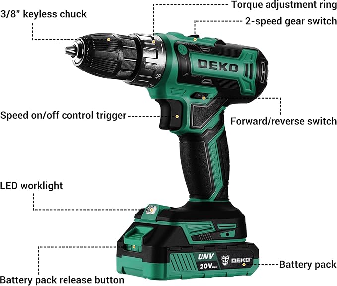 Power Drill Cordless: DEKO PRO Cordless Drill 20V Electric Power Drills Set Tool for Women with Battery and Charger 20 Volt Drills Driver Kit Green