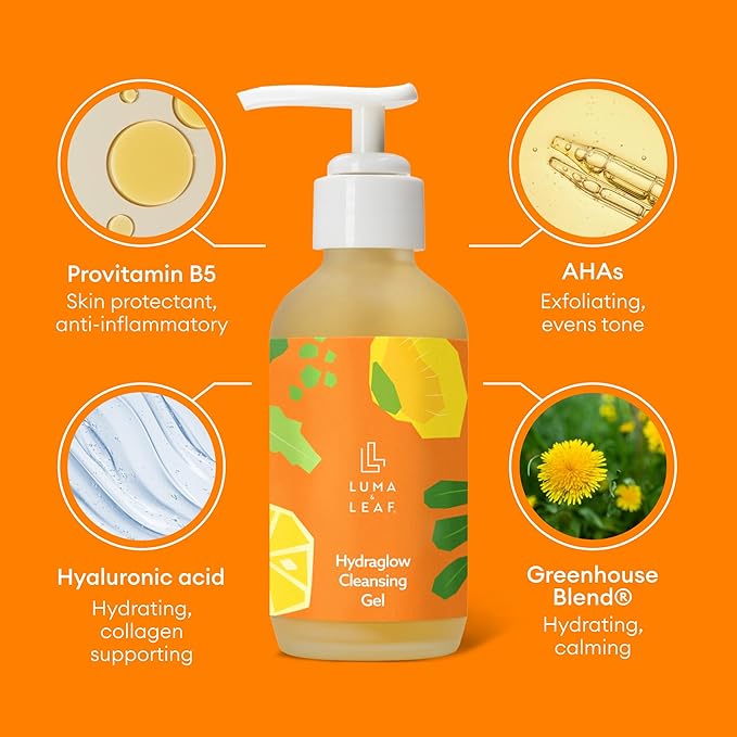 LUMA & LEAF Hydraglow Brightening Face Wash with Hyaluronic Acid | Gentle Daily Exfoliating Gel Cleanser for Dull Skin & Dark Spots | For All Skin Types | 3.8 fl oz