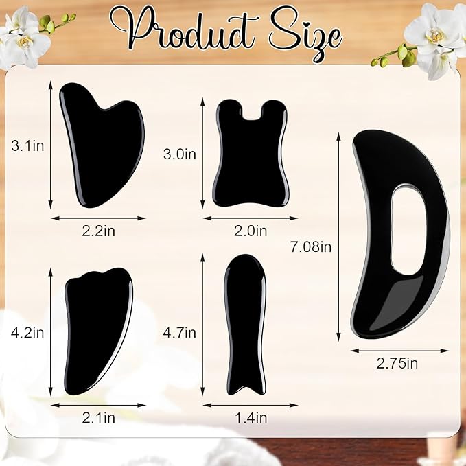 Treela 5 Pcs Gua Sha Facial Tools Set and 1 Pcs Body Gua Sha Massage Tool with Handle for Face Back Neck Leg Body Scraping Massage Board Guasha Comb(Jade, Resin,Black)