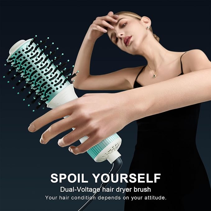 Dual Voltage Travel Hair Dryer Brush 4-IN-1 Portable Mini Hot Air Blow Dryer Straightener & Curler Brush, Titanium Round Blowout Styler Volumizer Tools, 110/240V US/EU/UK Plug for International Travel