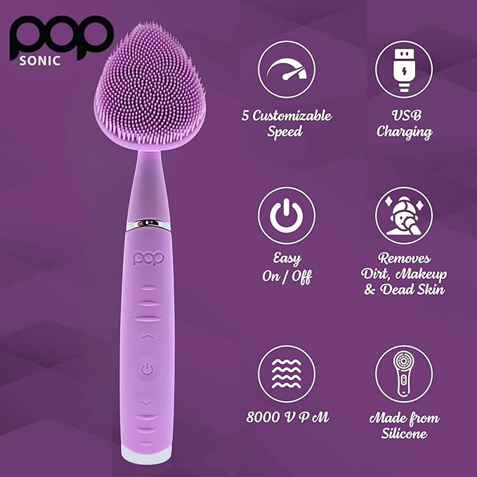 Pop Sonic Clover Facial Cleansing Device- Silicone Pore Cleaning Tool w/Case- 8000VPM, USB Charging Skin Care Tools for Face (Lavendar)