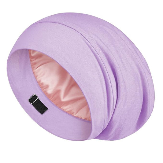 LULUSILK Mulberry Silk Lined Sleep Cap, No More Frizzy Tangled Hair, Stay On All Night Silk Hair Wrap for Sleeping with Adjustable Strap, Silk Bonnet for Women and Men, Lavender, Pack of 1