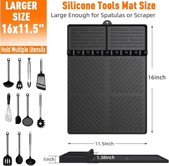 Silicone Grill Mat Compatible with Blackstone, Silicone Griddle Tools with Drip Pad, Spatula Mat for Outdoor Grill Kitchen Counter (Black)