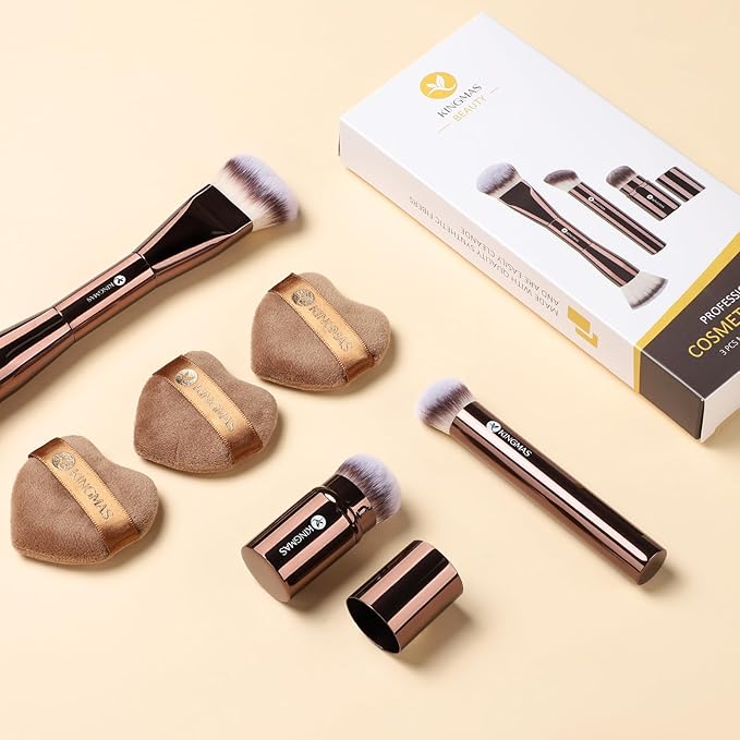 KINGMAS Makeup Brush Powder Puff Set, Foundation Concealer Contour Makeup Brushes, Flawless kabuki Brush Face Velour Puff for Foundation Blush Bronzer Contour Concealer, 3 Brushes & 3 Powder Puff