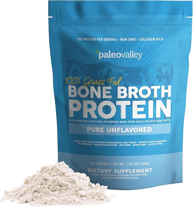 Paleovalley 100% Grass Fed Beef Bone Broth Protein Powder - Rich in Collagen Peptides for Hair, Skin, Gut Health, Bone and Joint Support - 30 Servings, 15g Protein Per Serving - No Gluten or GMOs