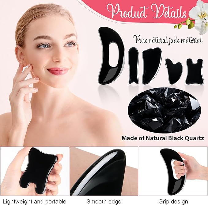 Treela 5 Pcs Gua Sha Facial Tools Set and 1 Pcs Body Gua Sha Massage Tool with Handle for Face Back Neck Leg Body Scraping Massage Board Guasha Comb(Jade, Resin,Black)