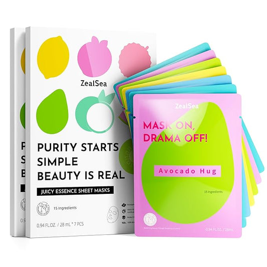 ZealSea Clean Beauty Face Masks Skincare, Minimalism 15 Ingredients Sheet Mask, Dopamine Color Design Facial Mask, Sleepover & Slumber Spa Party Supplies, Women Teen Girl Gifts Trendy Stuff, 14 Pack