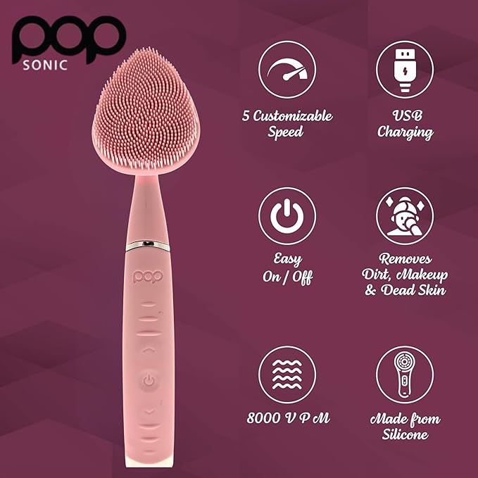 Pop Sonic Clover Facial Cleansing Device- Silicone Pore Cleaning Tool w/Case- 8000VPM, USB Charging Skin Care Tools for Face (Pink)