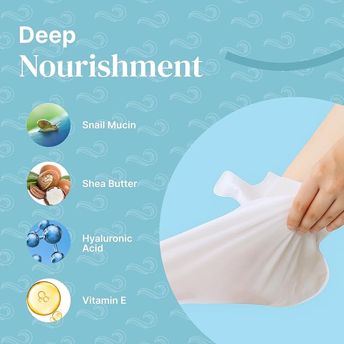Foot Mask Moisturizing Socks for Dry Cracked Feet | Hydrates with Snail Mucin Shea Butter Hyaluronic Acid Bisabolol Vitamin E | Exfoliating Foot Mask for Callus Removal Dead Skin and Soft Feet