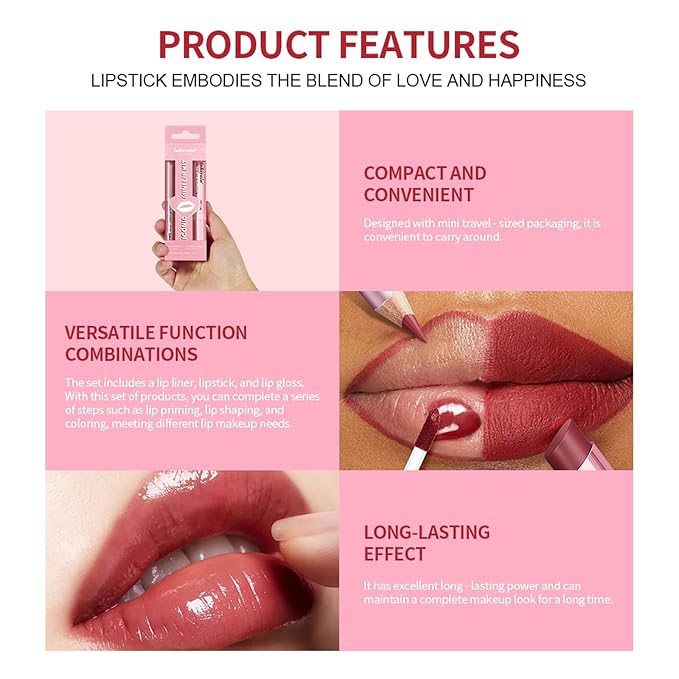 3PCS Lip Liner and Lipstick Combo Set - Matte Lip Liner Pencil, Velvet Matte Lipstick & Hydrating Collagen Lip Gloss - Long-Lasting, Smudge-Proof, High Pigment Nude Pink Lip Makeup Kit (Set 1, 3)