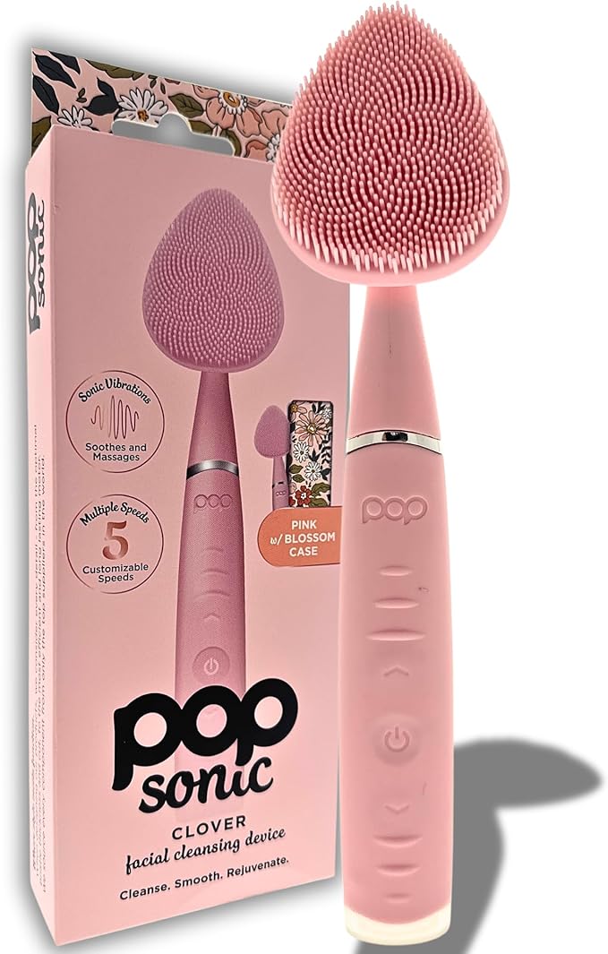 Pop Sonic Clover Facial Cleansing Device- Silicone Pore Cleaning Tool w/Case- 8000VPM, USB Charging Skin Care Tools for Face (Pink)