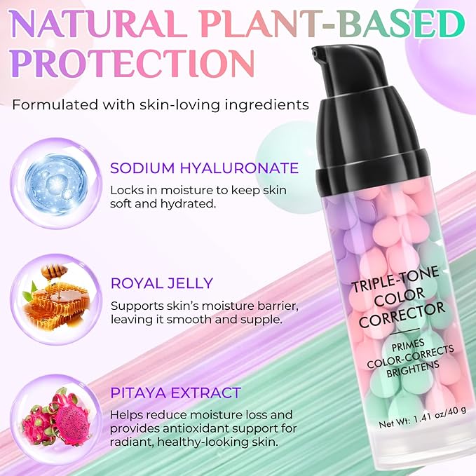 Primer for Face, 3 In 1 Face Primer Before Makeup, Moisturizes-Sunscreen Cream SPF50+ Triple-Tone Color Corrector for Isolation, Smoothing Skin Gripping
