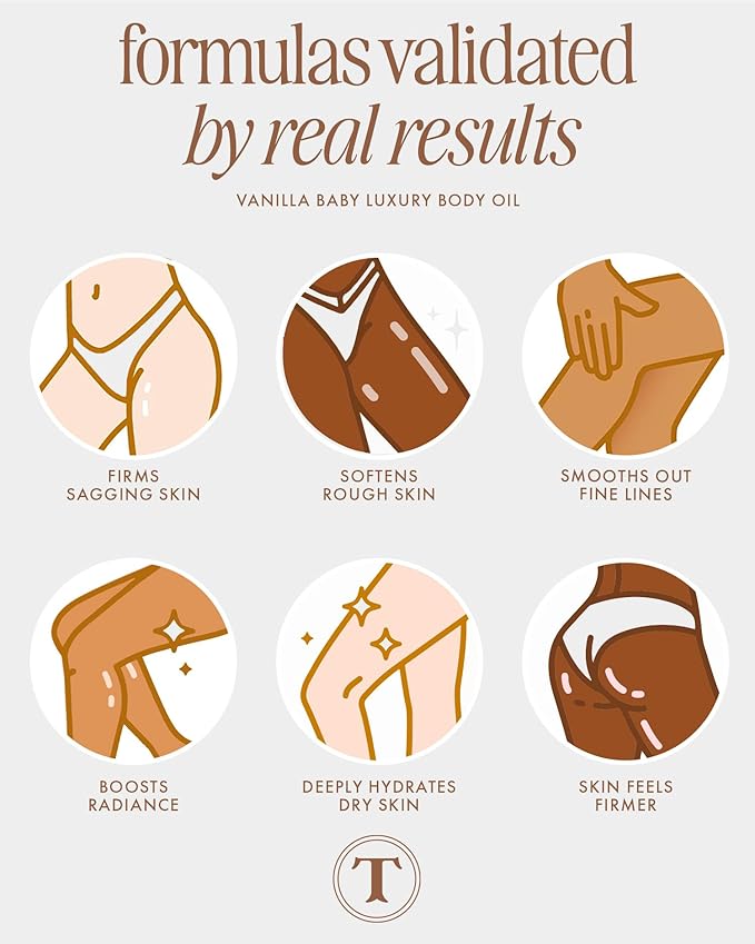 Truly Beauty Vanilla Baby Luxury Body Oil | Plumping Body Shimmer Oil for Hydration & Firmness | With Bakuchiol & Niacinamide for Collagen Boost | Vanilla, Pear & Caramel Scent | Radiant Glow