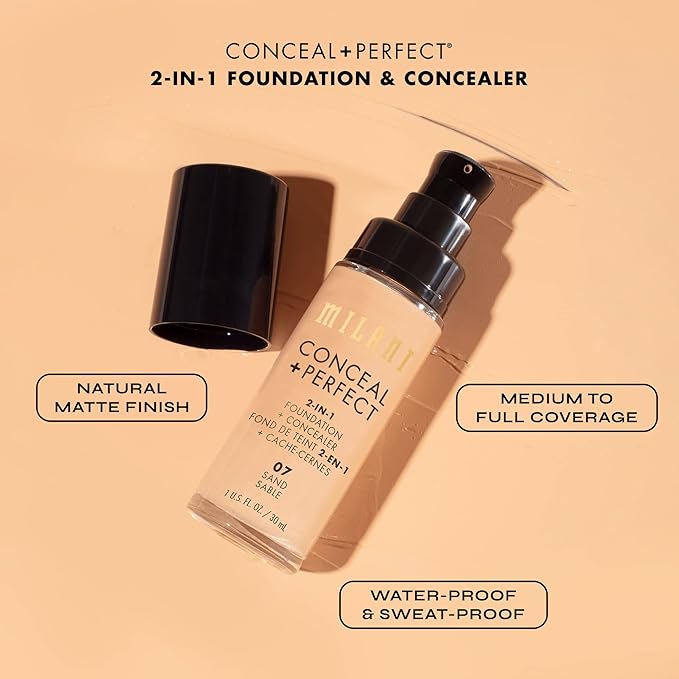 Milani Conceal + Perfect 2-in-1 Foundation + Concealer for a Flawless Complexion, Under Eye Corrector, Cover Redness and Imperfections, Waterproof and Sweatproof - Creamy Vanilla