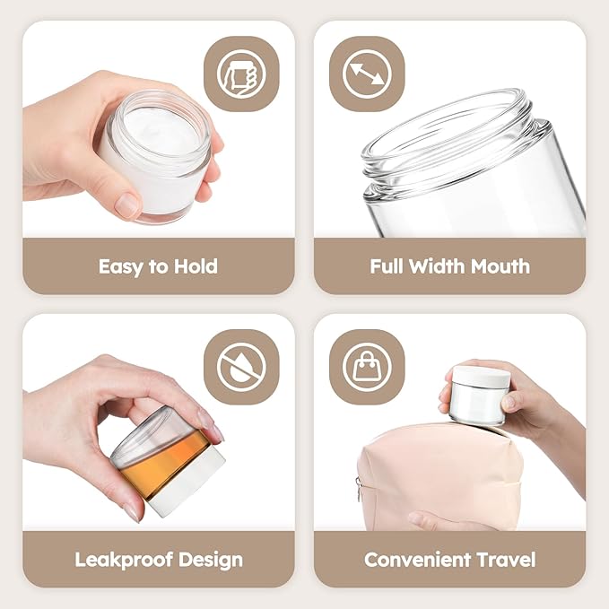 2 oz Glass Jars with Lids, 6 Pack Clear Small Glass Jars with White Lids Leakproof Round Airtight Empty Cosmetic Travel Containers with Inner Liners For Lotions Powders and Candle Making