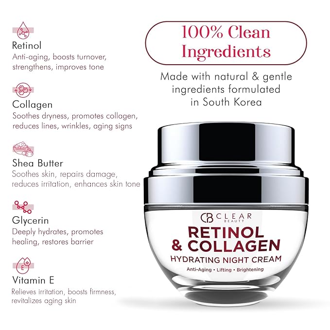 Retinol & Collagen Night Face Moisturizer - Dermatologist Tested, Moisturizes, Reduces Wrinkles & Fine Lines, Hydrating Cream, Cruelty-Free Korean Skin Care, All Skin Types - 1.69 oz