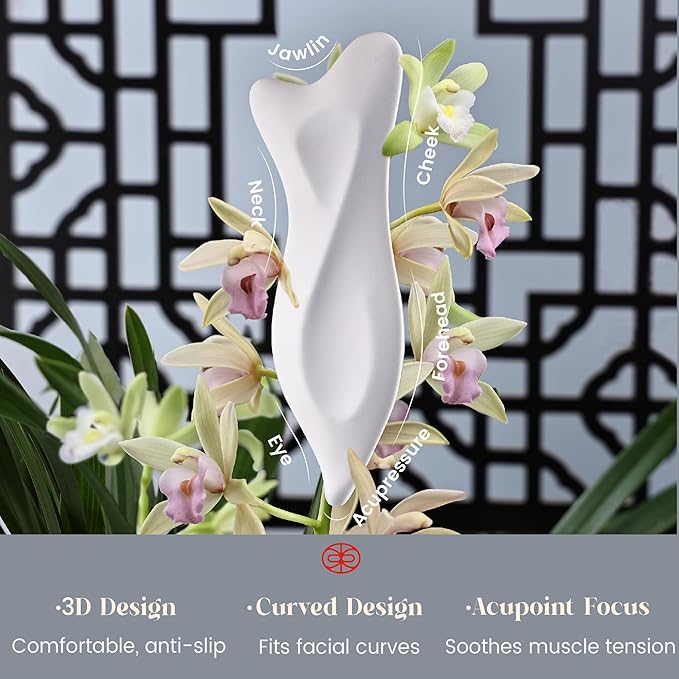Rena Chris 3D Ceramic Gua Sha Facial Tools - Acupressure & Guasha for Face Massage, Jawline Sculpting, Puffiness Reduction, Skin Care Tool (White)