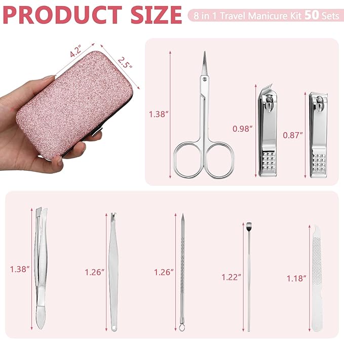 Geosar 50 Set Travel Manicure Kit Nail Clippers Pedicure Professional Nail Care Tools Stainless Steel Grooming Nail Set with Portable Travel Case Gifts for Family(Glitter Pink)