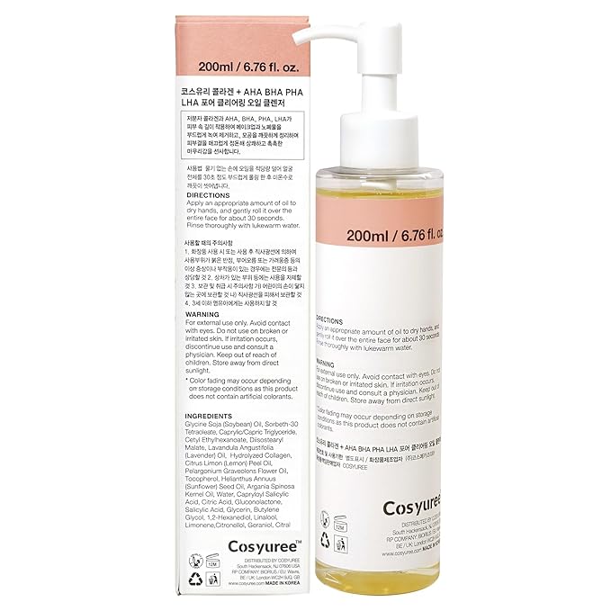 Collagen Pore Cleaning Oil Cleanser for Face by COSYUREE– AHA BHA PHA LHA Oil for Deep Cleansing, Face Cleansing, Hydration, and Makeup Removal, Korean Skincare with Lemon & Lavender