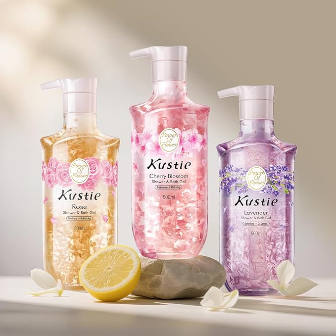 Kustie Cherry Blossom Brightening Body Wash with Real Flower Petals & Niacinamide – Hydrating Perfume Antioxidants-Rich Shower Gel, Amino Acids & Long-Lasting 24H Floral Fragrance, 16.9 Fl Oz