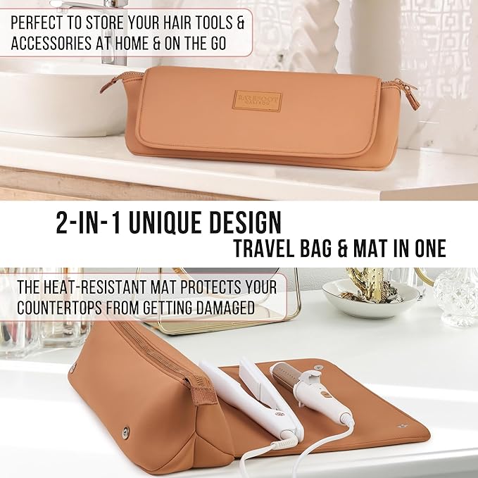 Hair Tools Travel Bag and Heat Resistant Mat for Flat Irons, Straighteners, Curling Iron, and Haircare Accessories, 2-in-1 design, with Interior Pockets, Portable Organizer