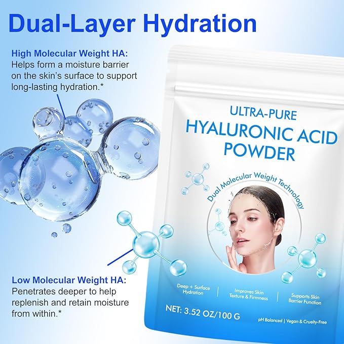Hyaluronic Acid Powder 2 Pack for Skin & Face, Hyaluronic Acid Serum Powder, High & Low Molecular Weight, Water Soluble, DIY Serums for All Skin Types Hydration and Moisture, Includes Scoop
