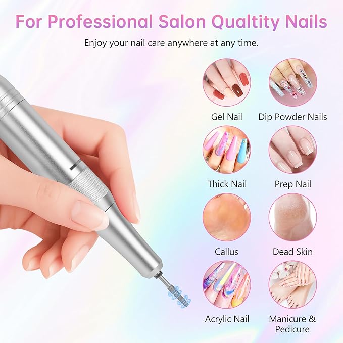 Electric Nail Drill - 45000RPM Portable Nail Drill丨Rechargeable Nail E-File Kit with 11 Bits & Base丨LED Screen丨Ultra-Silent, Rechargeable Nail Drills Machine for Acrylic Nails Gel Polishing(White)