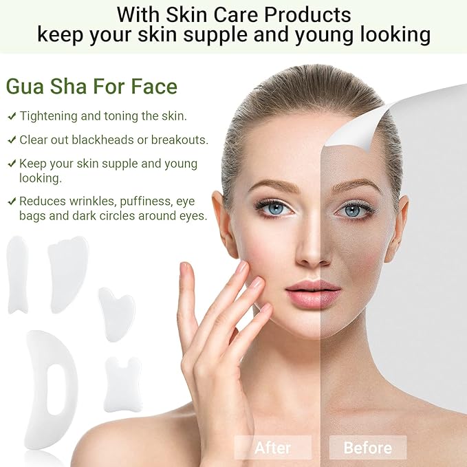 Treela 5 Pcs Gua Sha Facial Tools Set and 1 Pcs Body Gua Sha Massage Tool with Handle for Face Back Neck Leg Body Scraping Massage Board Guasha Comb(Jade, Resin,White)