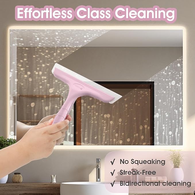 Shower Squeegee for Glass Doors, Bathroom Squeegee for Shower, Mini Window Squeegee, Home Bathroom Silicone Cleaner Tool, Suitable for Bathroom, Kitchen, Tile, Mirror, Car Glass, 8in Rose Pink