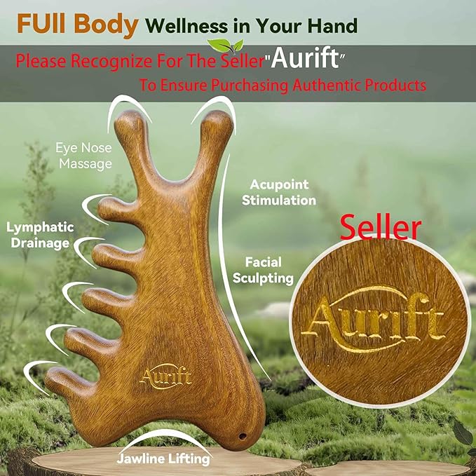 Gua Sha Tool for Face & Body – 4 in 1 Natural Green Sandalwood,Lymphatic Drainage,Jaw Lifting & Nose Sculpting, Head Massage Comb for Stress Relief,Home Office Self Care,Gifts for Mom Girl Friend