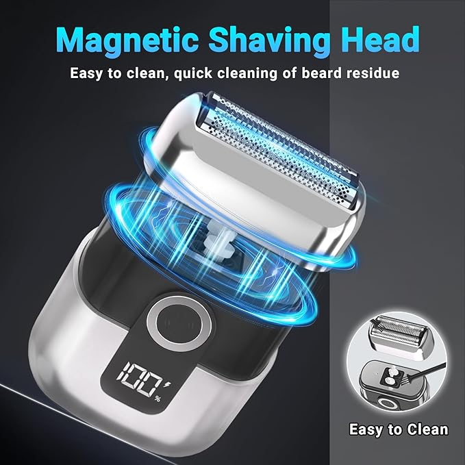 Electric Foil Shavers for Men: Mini Electric Razor, Foil Shaver for Face, IPX7 Waterproof Wet Dry Cordless Razor with 3 Floating Blades, LED Display, USB-C Fast Rechargeable for Travel & Home