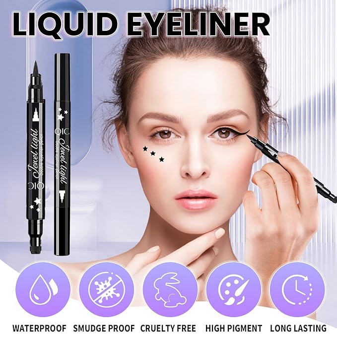 Go Ho Black Liquid Eyeliner Stamp,Star Stamp Eyeliner Makeup,Double-Side Waterproof Eyeliner Pen,Long-lasting Smudge-proof Tattoo Tools,Black Eye Liner Makeup,1 PC