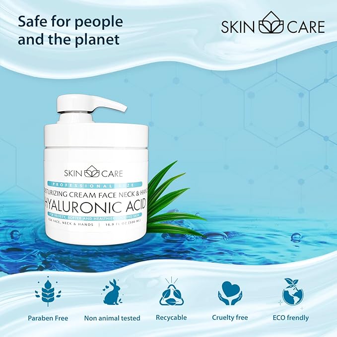 Skin Care Hyaluronic Acid 3-in-1 Moisturizer Face Cream, Neck and Hands - Treatment for Crepey Texture, Wrinkles and Sagging - Daily Lotion for All Skin Types - 16.9 fl. oz.