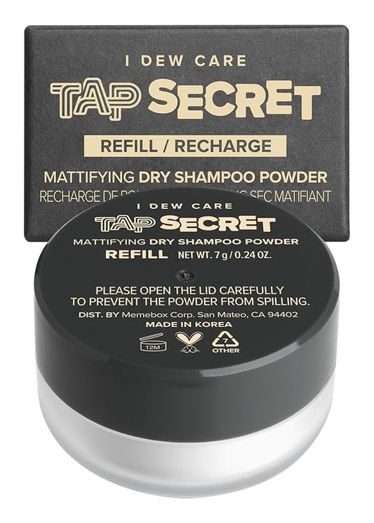 I DEW CARE Tap Secret Dry Shampoo Powder with Biotin Refill - Tap Secret Original | Strengthening & Volumizing, Powder Type, Refillable, Travel size, Non-aerosol, Brunette, Korean Ginseng, 0.24 Oz