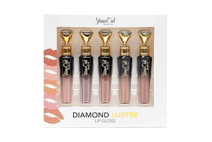 StansOut Diamond Lustre Lip Gloss Bundle - 5 Pack - New Exquisite Packaging - Fancy Warm, Light, Pink, Sugar, Bare - Vitamin E & Argan Oil Infused - Long-Lasting Lustrous Shine - Hydrating Formula