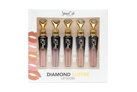 StansOut Diamond Lustre Lip Gloss Bundle - 5 Pack - New Exquisite Packaging - Fancy Warm, Light, Pink, Sugar, Bare - Vitamin E & Argan Oil Infused - Long-Lasting Lustrous Shine - Hydrating Formula