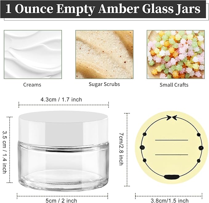 TUZAZO 1oz Glass Jars with White Lids, 4 Pack Small Glass Jars with Inner Liners & Stickers Refillable Empty Cosmetic Containers for Creams, Lotions, Body Butters, Powders