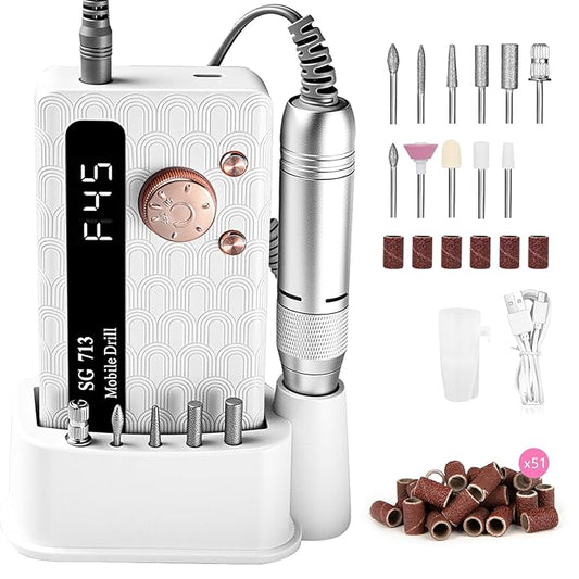Electric Nail Drill - 45000RPM Portable Nail Drill丨Rechargeable Nail E-File Kit with 11 Bits & Base丨LED Screen丨Ultra-Silent, Rechargeable Nail Drills Machine for Acrylic Nails Gel Polishing(White)