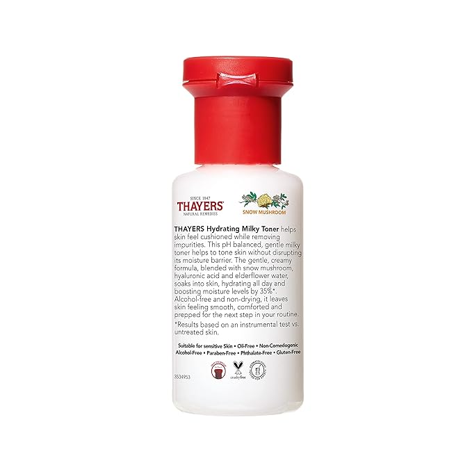 Thayers Milky Hydrating Face Toner with Snow Mushroom, Hyaluronic Acid and Elderflower, Dermatologist Recommended Gentle Alcohol Free Facial Skincare for Dry and Sensitive Skin, Paraben Free, 3 FL oz