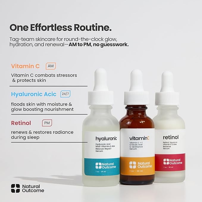 Hyaluronic Acid, Vitamin C Face Serum and Retinol Facial Serum - Night and Day Anti Aging Facial Serum and Hydrating Serum Set 1 oz Each, Vegan, Cruelty Free & Fragrance Free