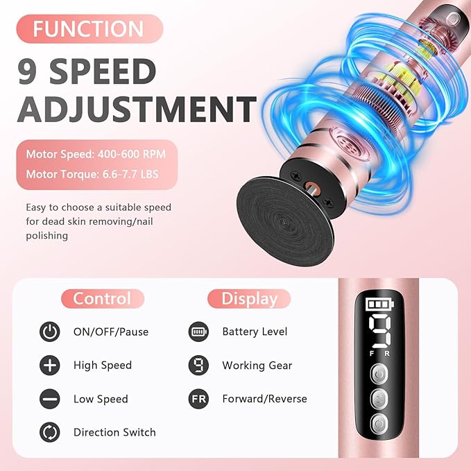 EAONE Portable Electric Foot File-Callus Remover for Feet, Professional 2 in 1 Foot/Nail Filer -Digital Display for Battery Level & 9 Speed Control-Rechargeable Pedicure Tool for Dead Skin (Rose Gold)