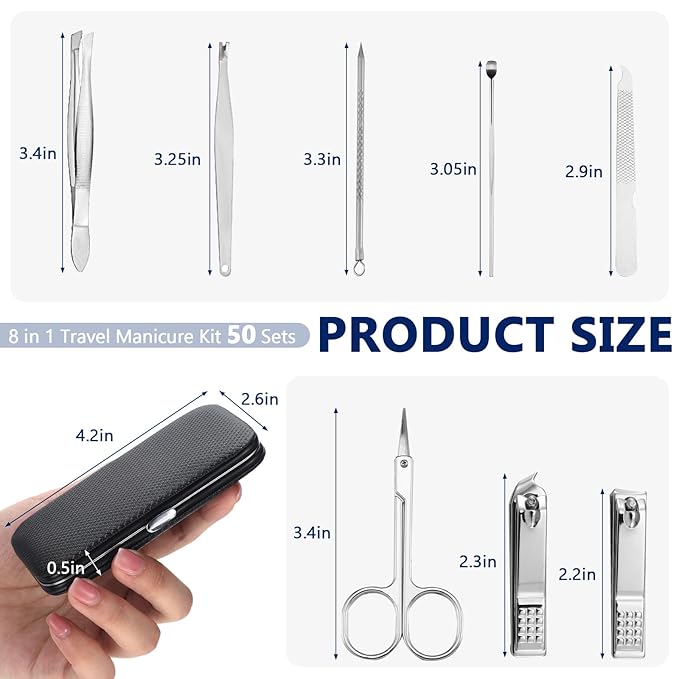 Geosar 50 Set Travel Manicure Kit Nail Clippers Pedicure Professional Nail Care Tools Stainless Steel Grooming Set with Portable Travel Case Gifts for Mother Father(8 In1,Black)