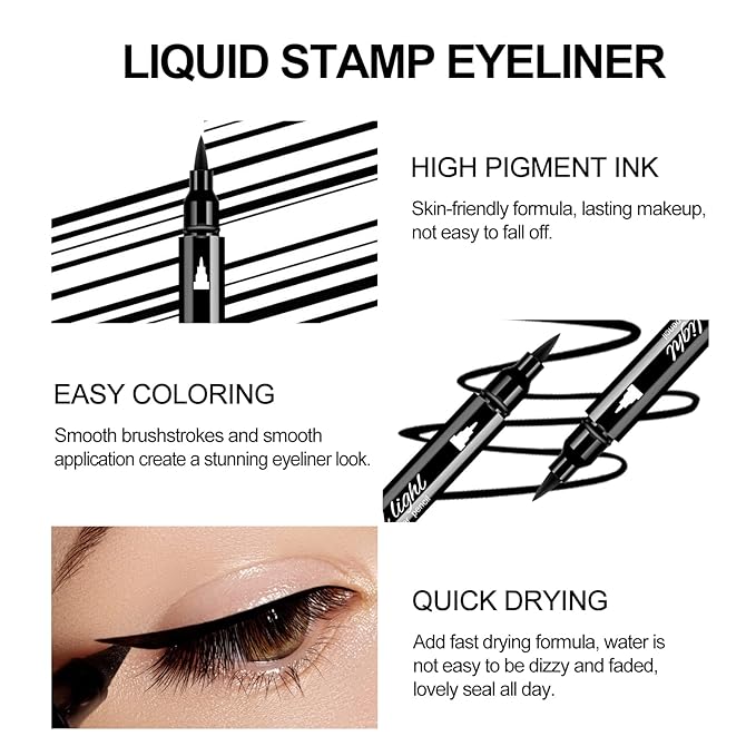 Ownest 3 Pcs Double-sided Liquid Eyeliner Pen,with Eye Makeup Stamp Super Slim Gel Felt Tip High Black Pigment,Waterproof Smudgeproof Long Lasting Eyeliner Eye Tattoo Makeup Tool