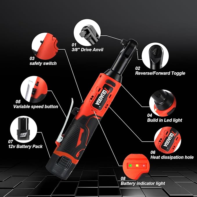 3/8" Cordless Electric Ratchet Wrench Set, 12V Power Ratchet Tool Kit With 2 Packs 2000mAh Battery And Charger, 45 FT-LBS Battery Powered Wrench with Infinitely Variable Speeds